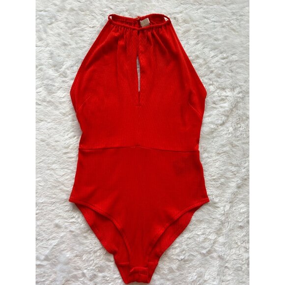 NWT Red High Neck Ribbed Bodysuit w/ Keyhole Cutout By H&M Conscious Size: 8 - Picture 1 of 4